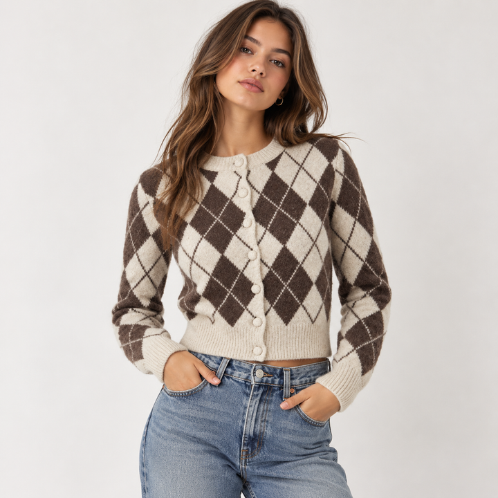 Laid | Cream Argyle Button Up Knit Cardigan