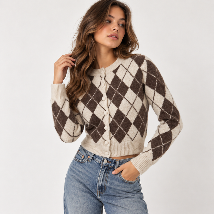 Laid | Cream Argyle Button Up Knit Cardigan