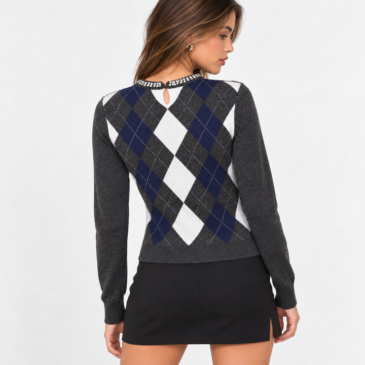 Cease | Gray Argyle Rhinestone Crew Neck Sweater