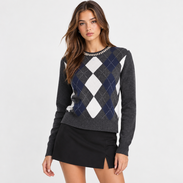 Cease | Gray Argyle Rhinestone Crew Neck Sweater