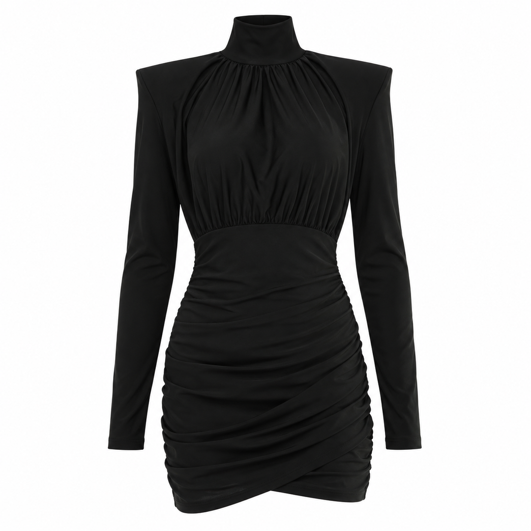 Bold | Black Mock Neck Ruched Mini Dress