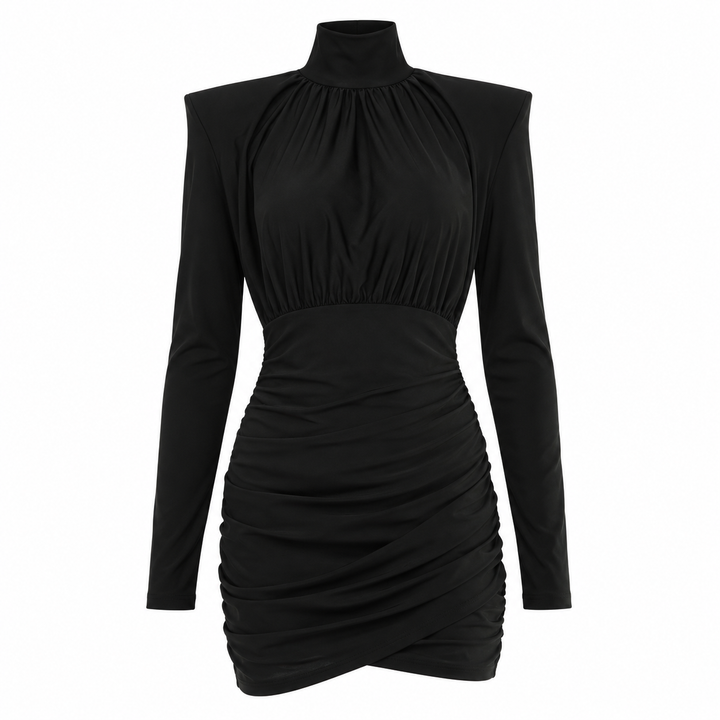 Bold | Black Mock Neck Ruched Mini Dress