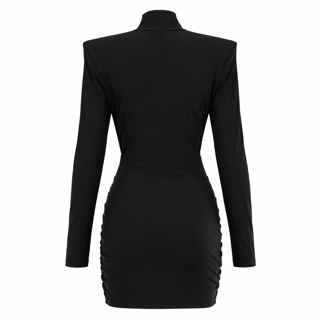 Bold | Black Mock Neck Ruched Mini Dress