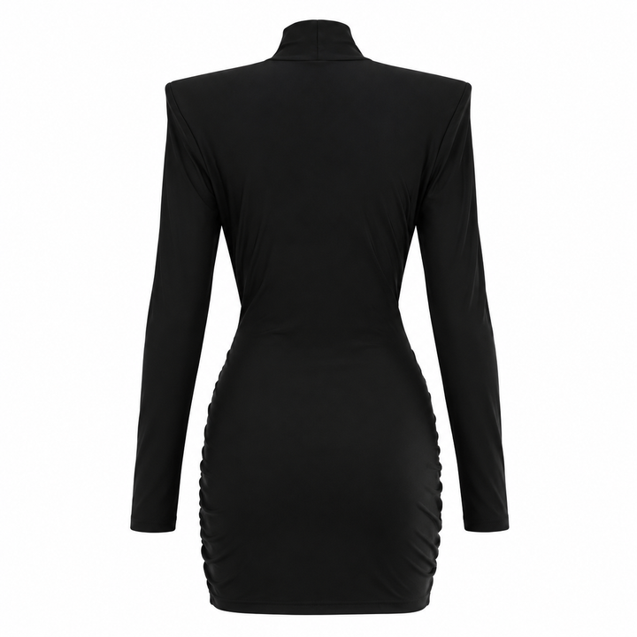 Bold | Black Mock Neck Ruched Mini Dress
