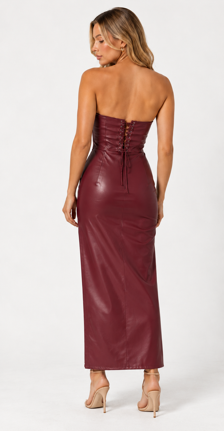 Nerve | Burgundy Faux Leather Strapless Lace Up Back Maxi Dress