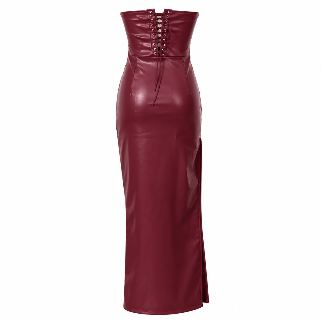 Nerve | Burgundy Faux Leather Strapless Lace Up Back Maxi Dress