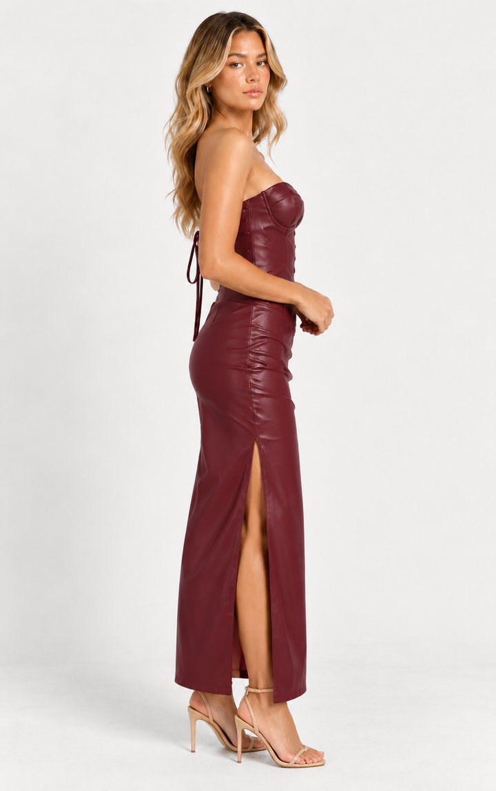 Nerve | Burgundy Faux Leather Strapless Lace Up Back Maxi Dress