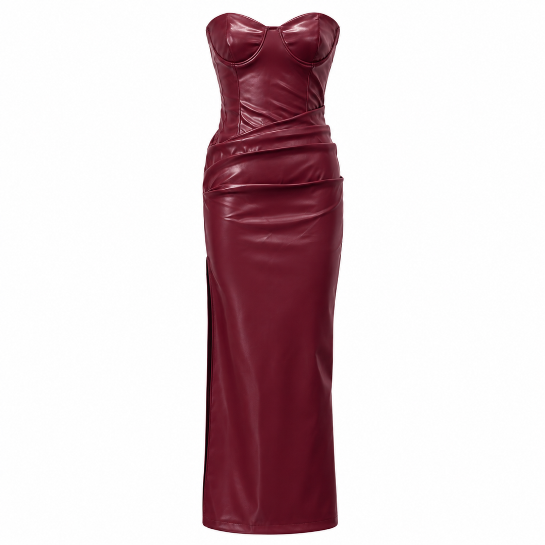 Nerve | Burgundy Faux Leather Strapless Lace Up Back Maxi Dress