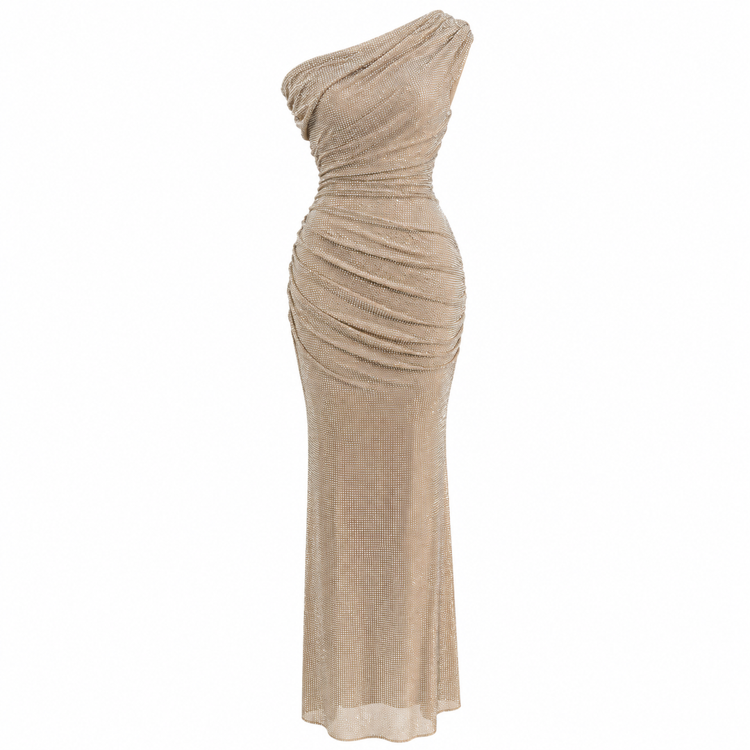 Glam | Rhinestone One Shoulder Ruched Maxi Dress