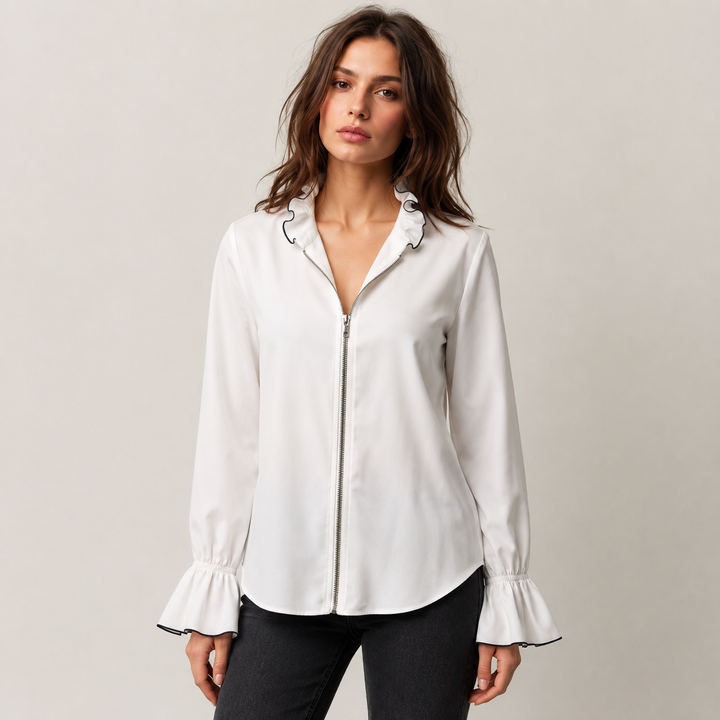 Pen | White Zip Front Bell Sleeve Blouse