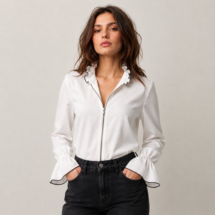 Pen | White Zip Front Bell Sleeve Blouse