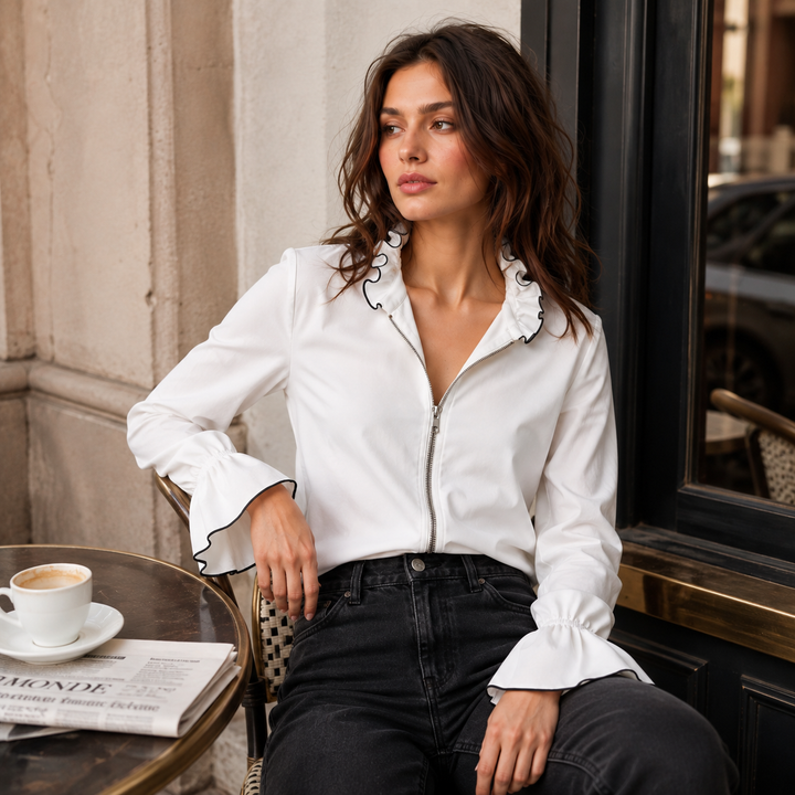 Pen | White Zip Front Bell Sleeve Blouse
