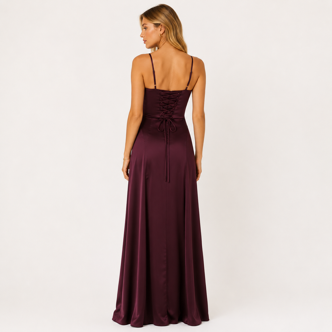 Muse | Eggplant Purple Satin Lace Up Back Maxi Dress