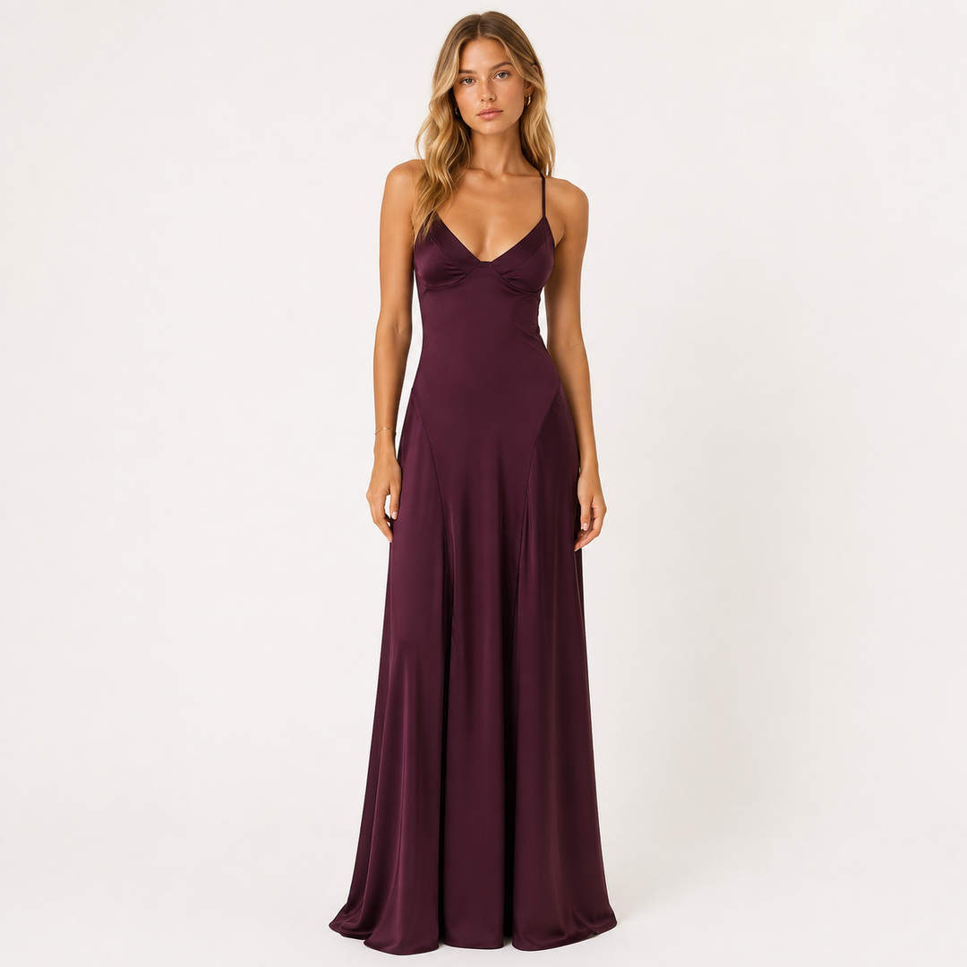 Muse | Eggplant Purple Satin Lace Up Back Maxi Dress