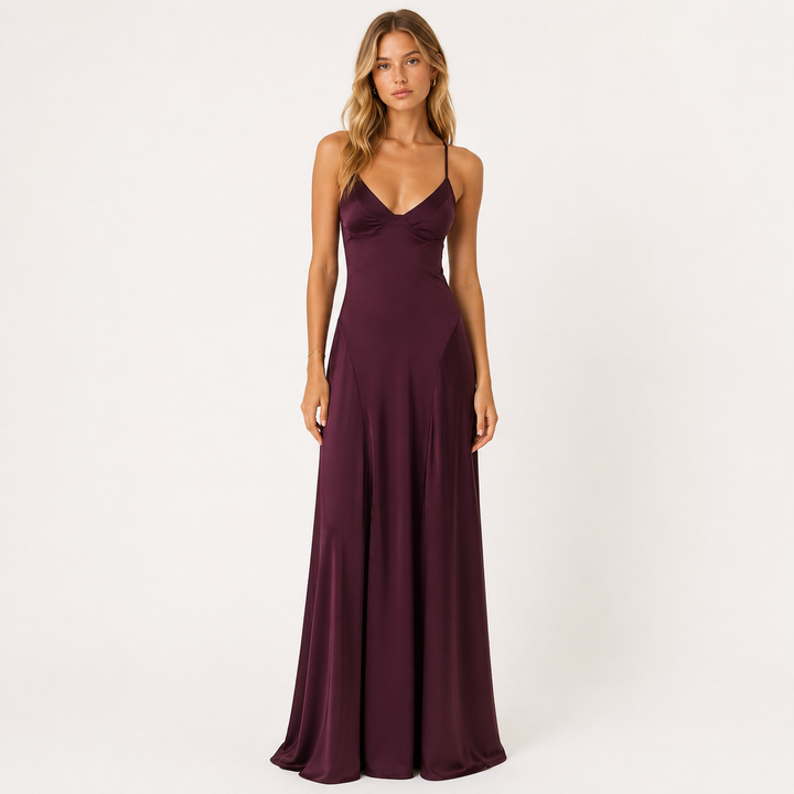 Muse | Eggplant Purple Satin Lace Up Back Maxi Dress