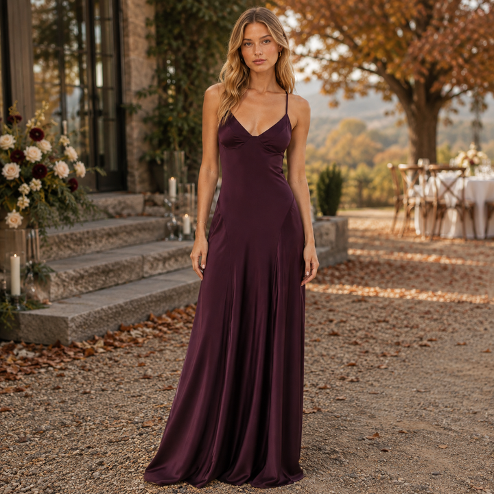 Muse | Eggplant Purple Satin Lace Up Back Maxi Dress