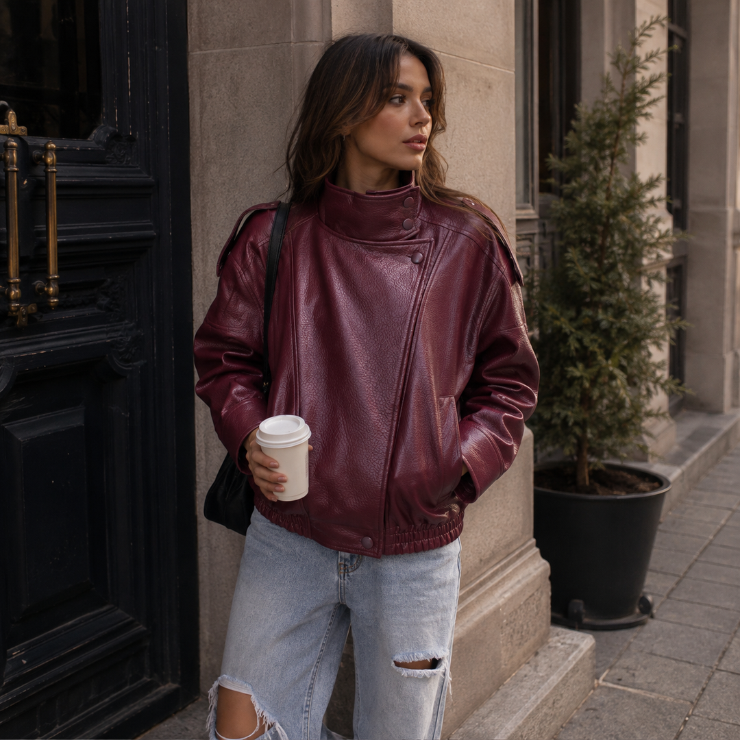 Step | Relaxed Zip Leather Bomber Jacket
