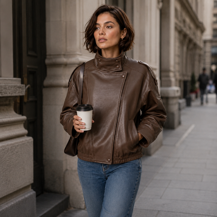 Step | Relaxed Zip Leather Bomber Jacket