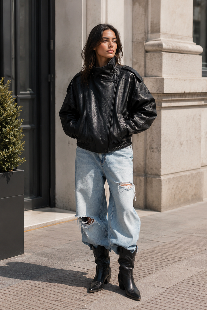 Step | Relaxed Zip Leather Bomber Jacket