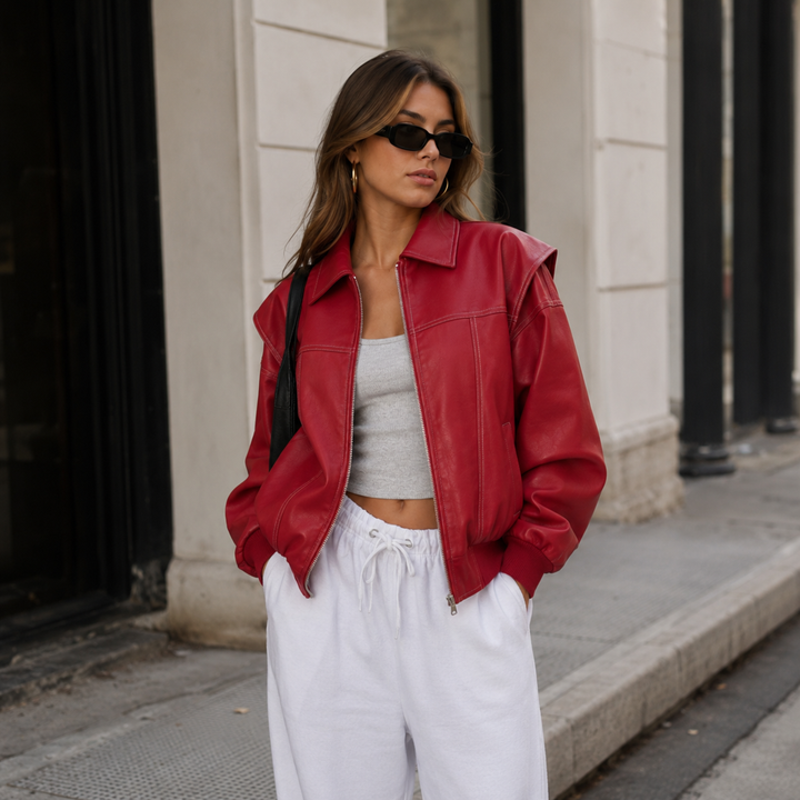 Bask | Red Faux Leather Oversized Bomber Jacket