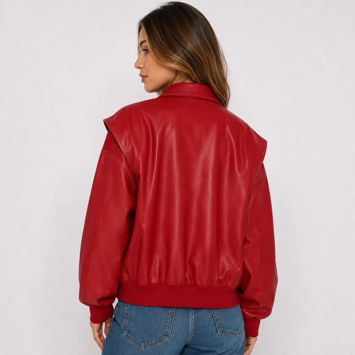 Bask | Red Faux Leather Oversized Bomber Jacket