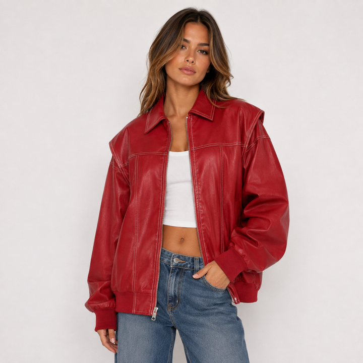 Bask | Red Faux Leather Oversized Bomber Jacket