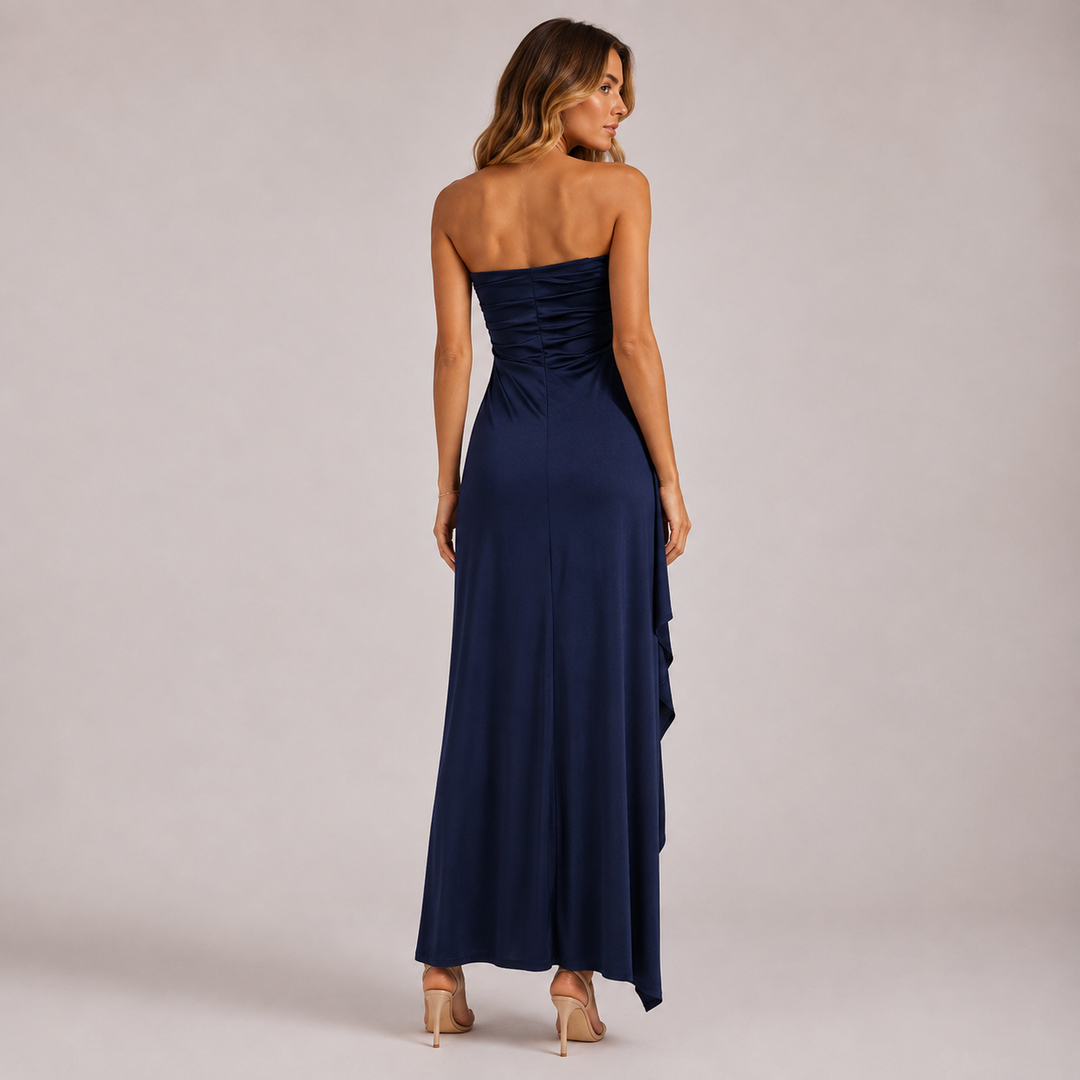 Oath | Navy Strapless Ruched High Slit Maxi Dress