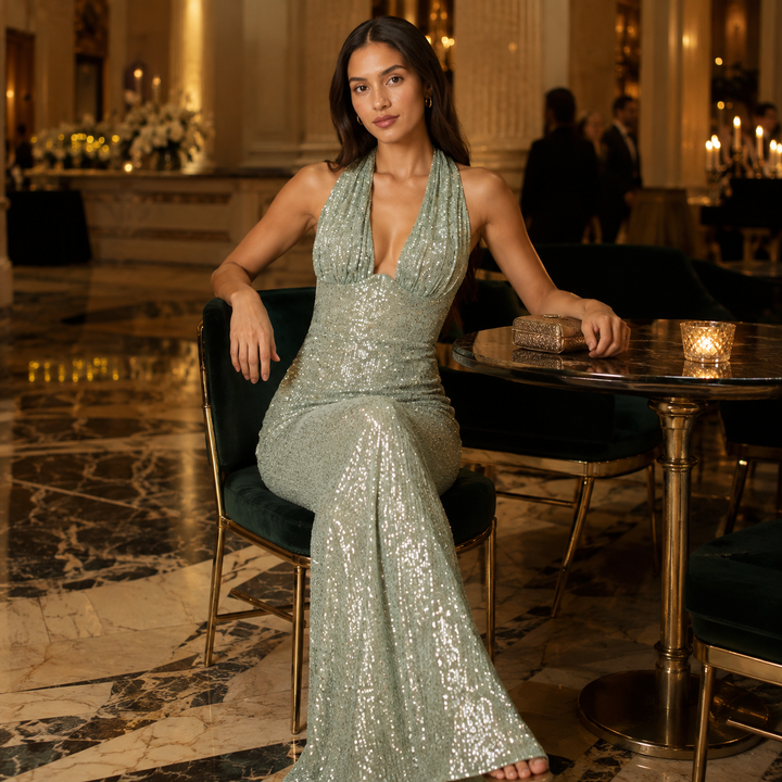 Arrive | Sequin Halter Sheath Maxi Dress
