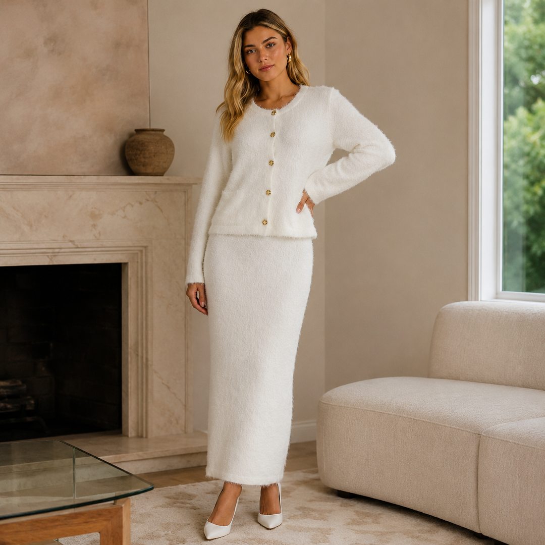 Fuz | Fuzzy Knit Cardigan Sweater Two Piece Midi Skirt Set
