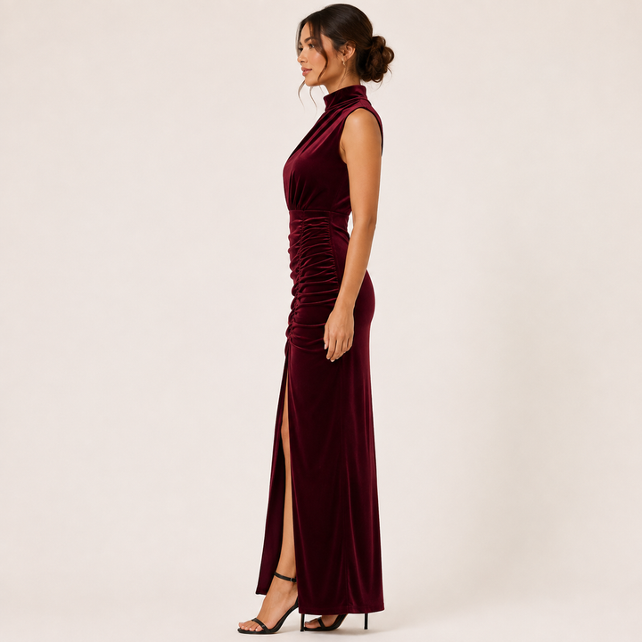 Nox burgundy wine velvet ruched wrap maxi dress, side slit