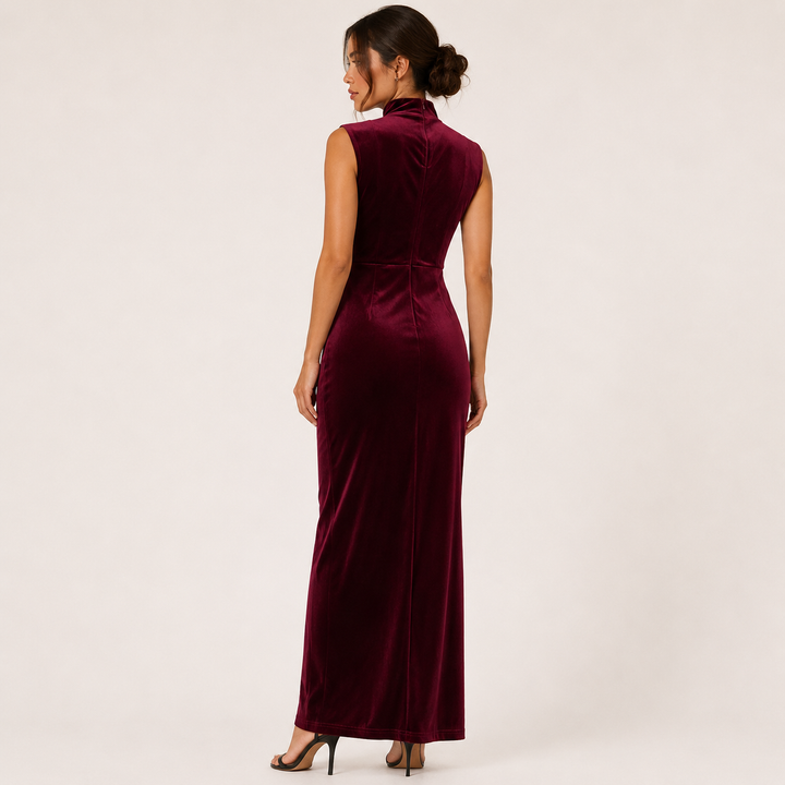Nox burgundy wine velvet ruched wrap maxi dress, back