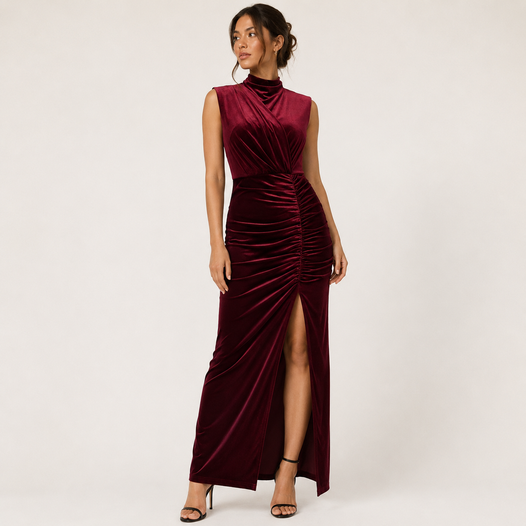 Nox burgundy wine velvet ruched wrap maxi dress, front