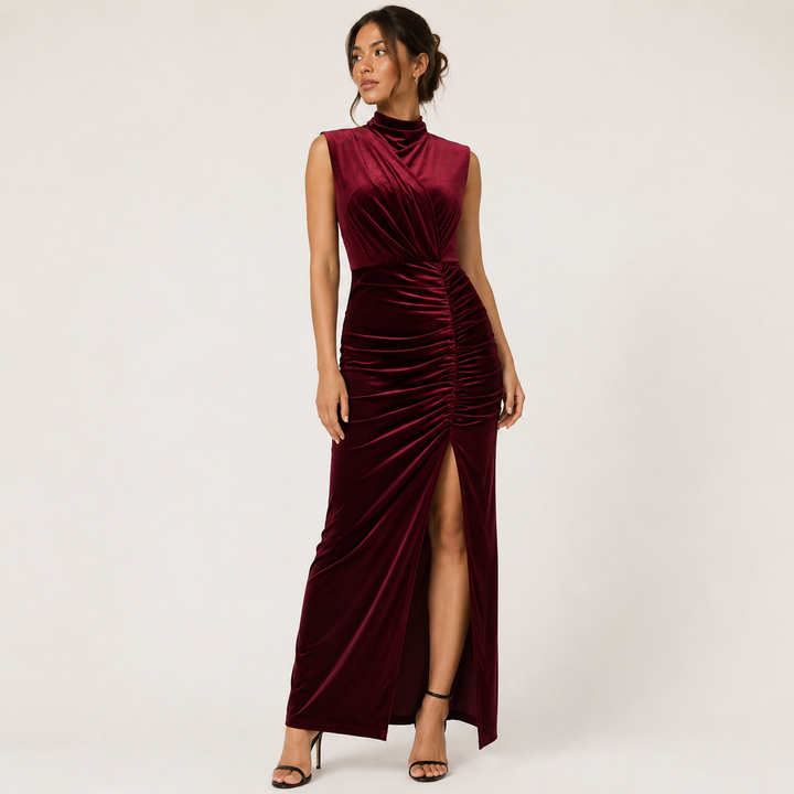 Nox burgundy wine velvet ruched wrap maxi dress, front