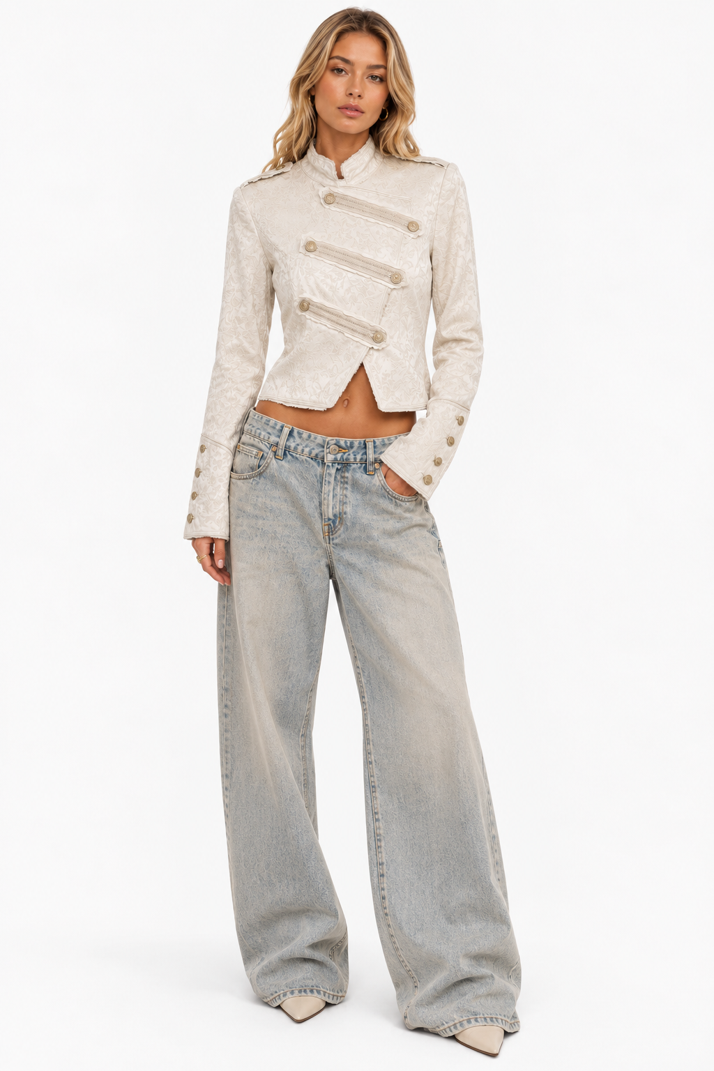Stand | Cream Jacquard Cropped Military Jacket