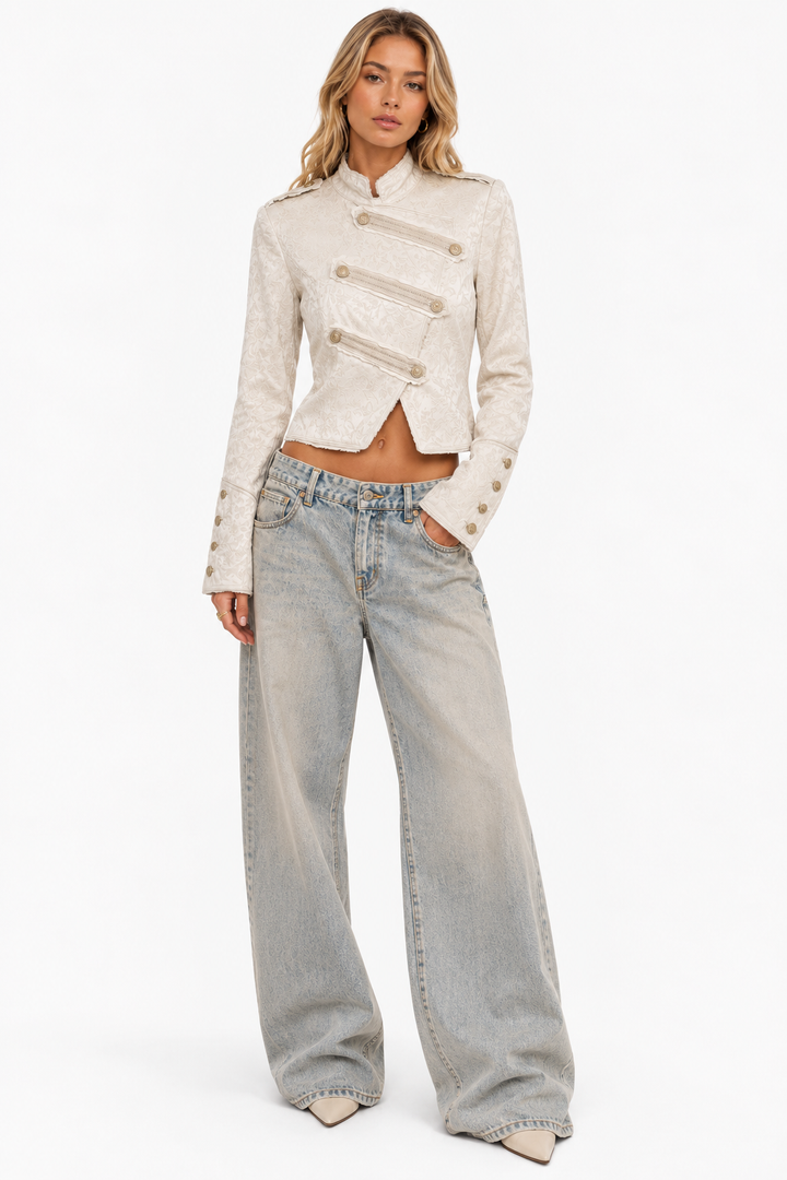 Stand | Cream Jacquard Cropped Military Jacket