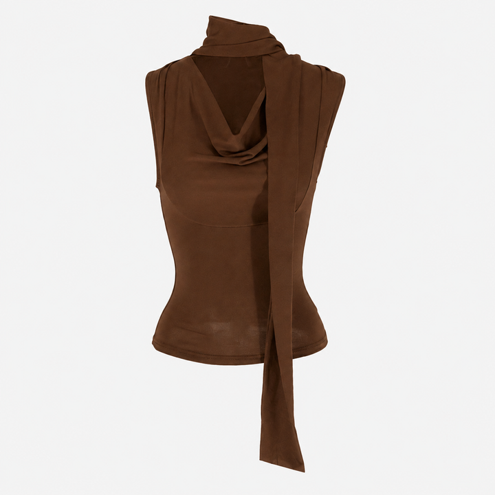 Coy | Brown Cowl Neck Scarf Tie Crop Top