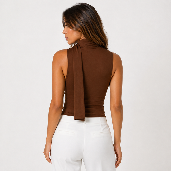 Coy | Brown Cowl Neck Scarf Tie Crop Top