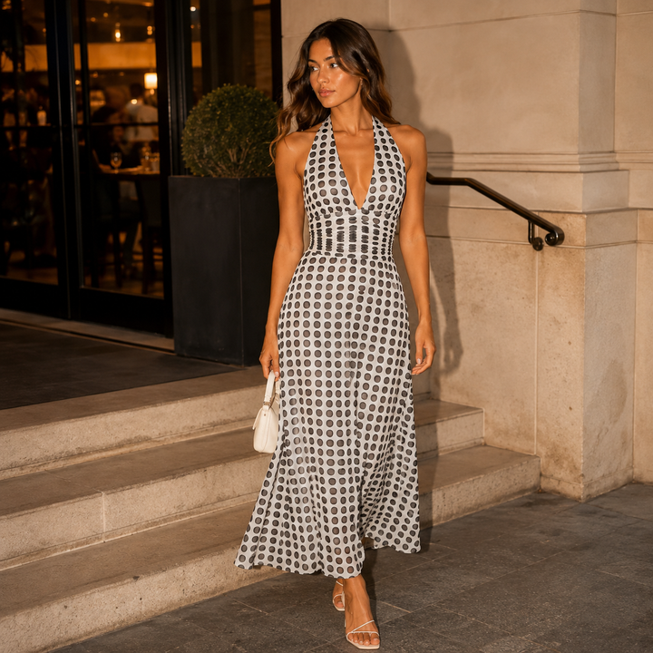Hop | Black White Polka Dot Halter Maxi Dress