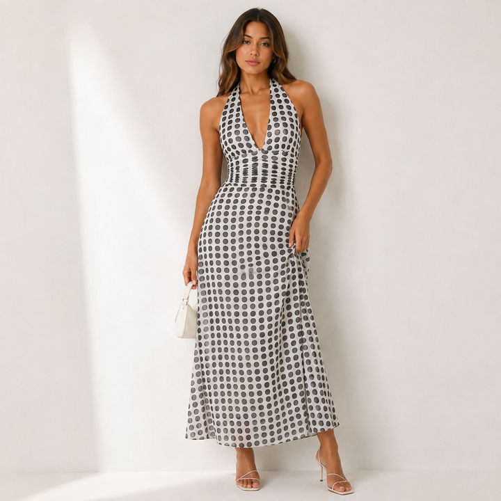 Hop | Black White Polka Dot Halter Maxi Dress