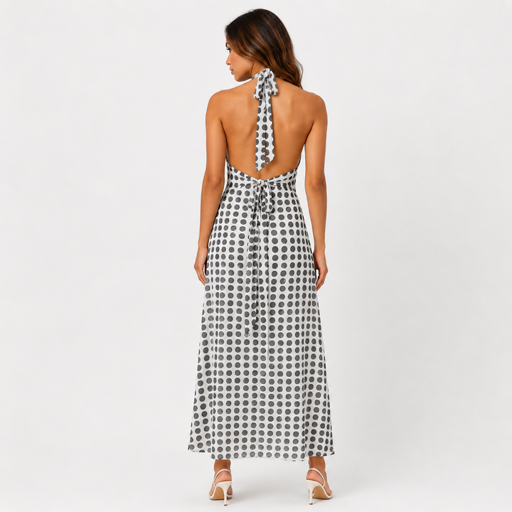 Hop | Black White Polka Dot Halter Maxi Dress