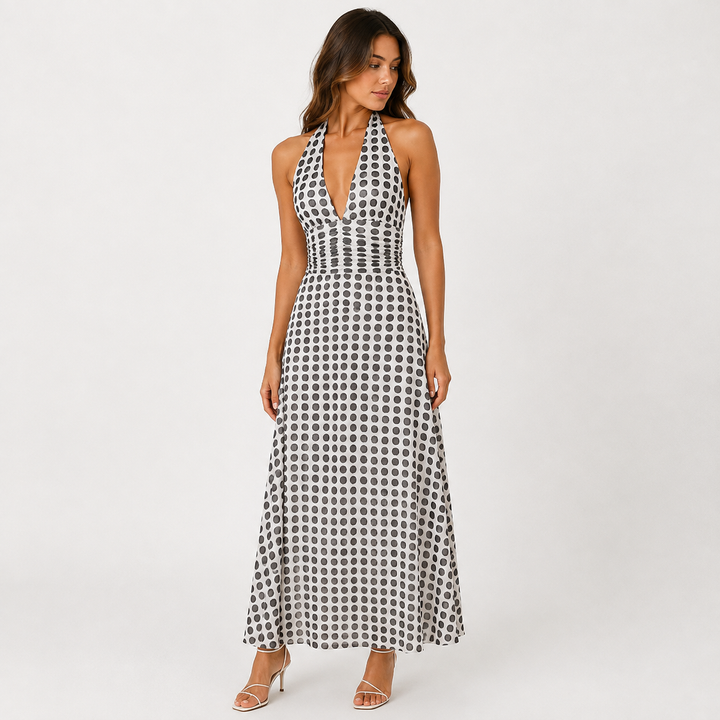 Hop | Black White Polka Dot Halter Maxi Dress