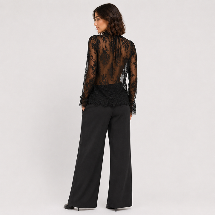 Purr | Black Sheer Floral Lace Bow Neck Tie Blouse