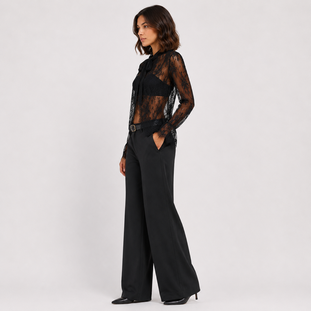 Purr | Black Sheer Floral Lace Bow Neck Tie Blouse