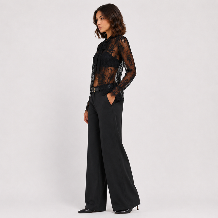 Purr | Black Sheer Floral Lace Bow Neck Tie Blouse
