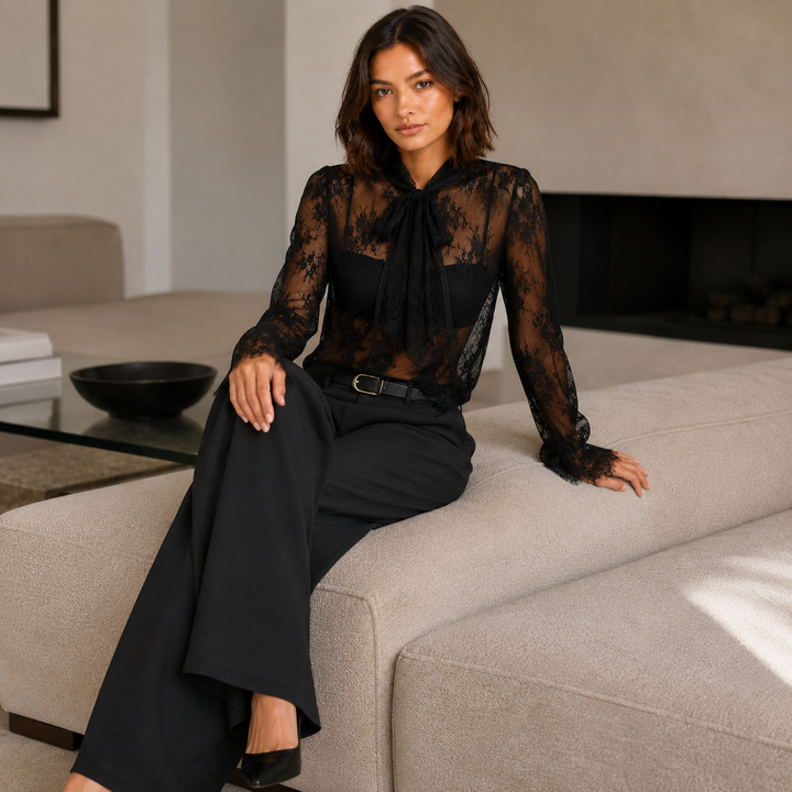 Purr | Black Sheer Floral Lace Bow Neck Tie Blouse