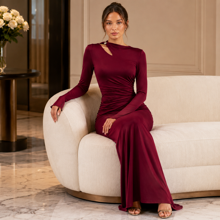 Fall | Burgundy Long Sleeve Ruched Maxi Dress