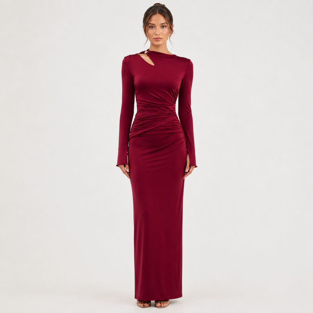 Fall | Burgundy Long Sleeve Ruched Maxi Dress