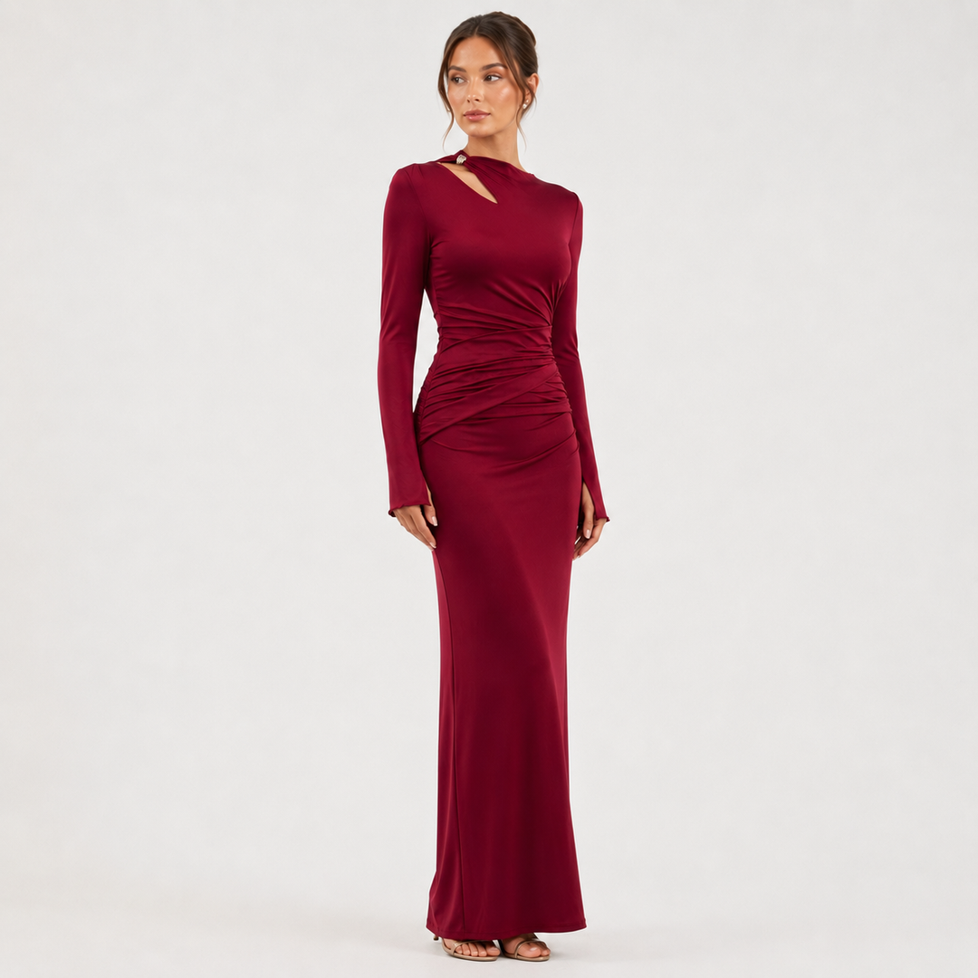 Fall | Burgundy Long Sleeve Ruched Maxi Dress