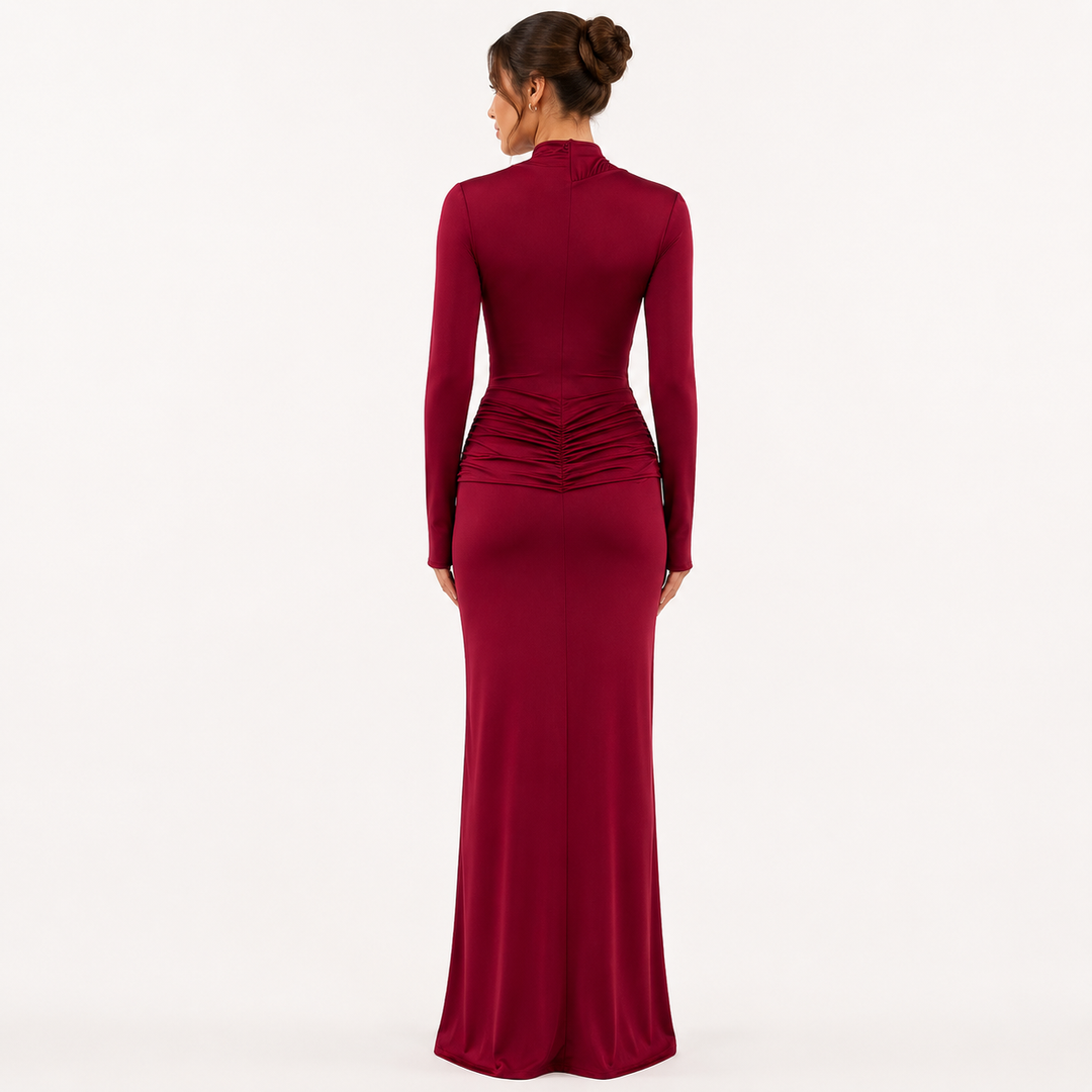 Fall | Burgundy Long Sleeve Ruched Maxi Dress
