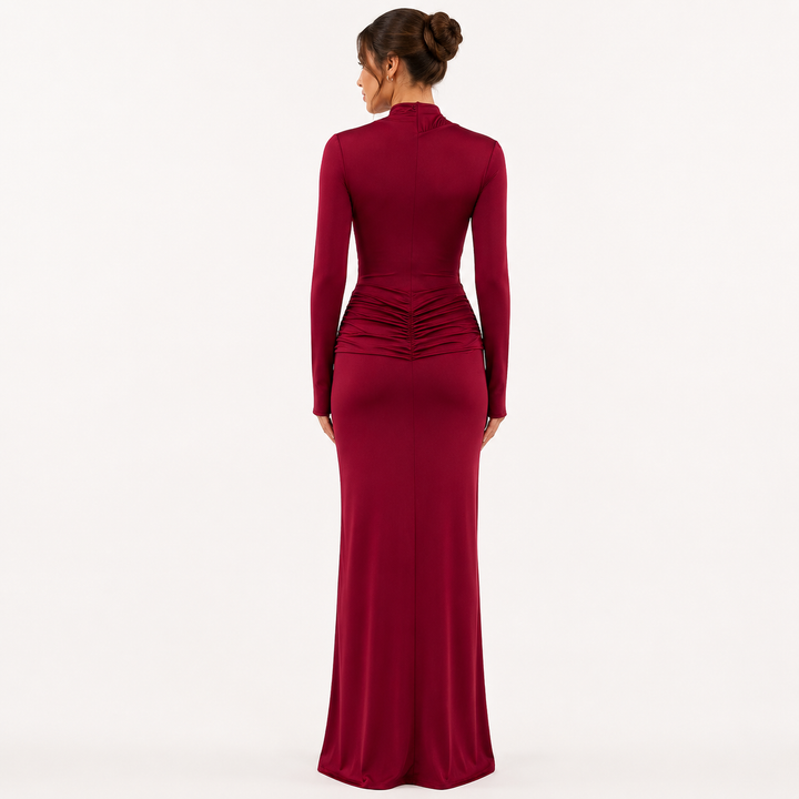 Fall | Burgundy Long Sleeve Ruched Maxi Dress